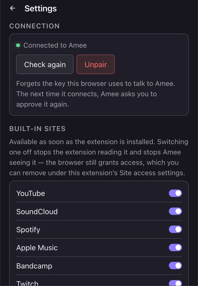 The Amee browser extension settings page showing the connection status and the built-in sites list with individual toggles.