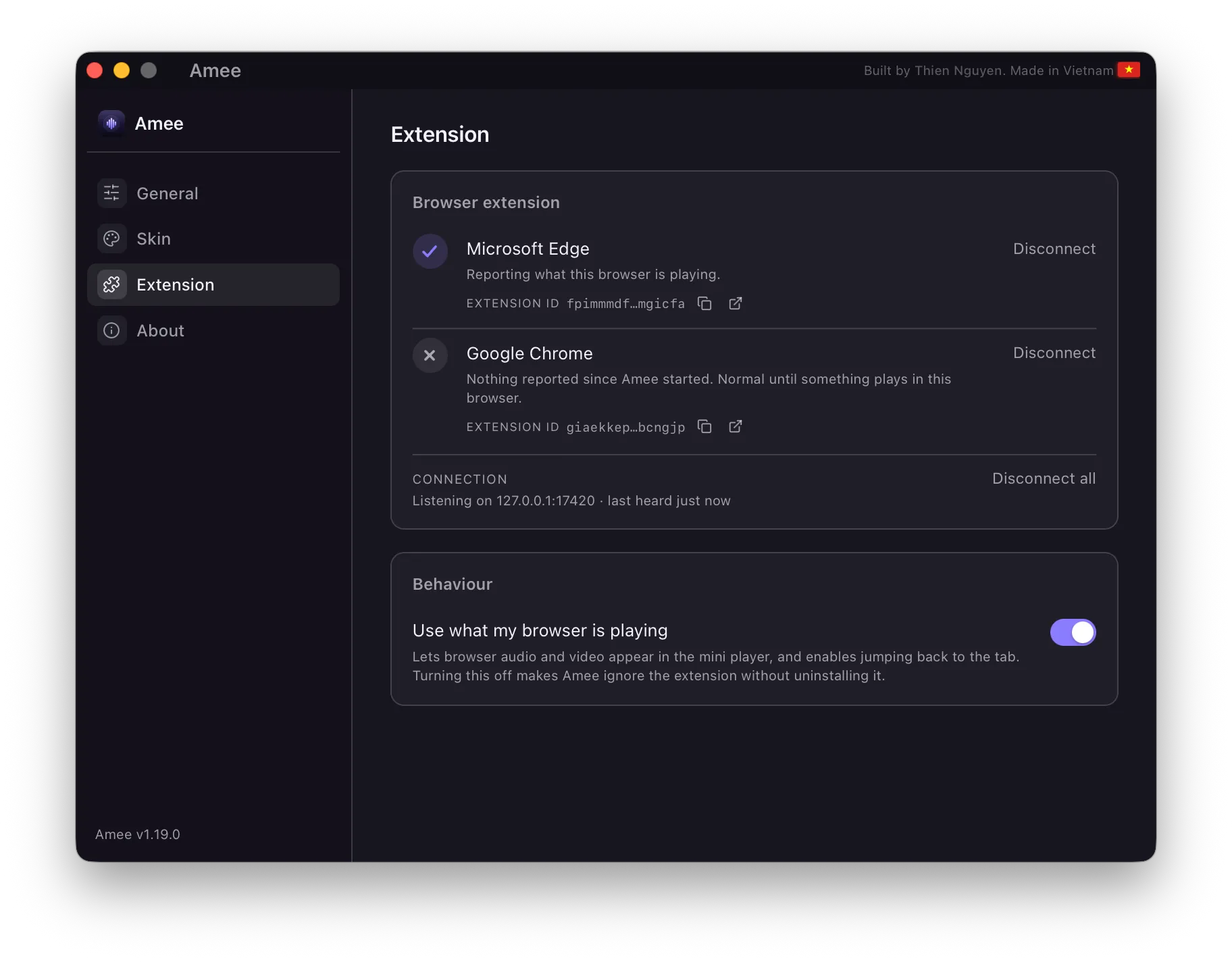 The Amee Dashboard Extension tab showing Microsoft Edge connected and reporting, Google Chrome paired but quiet, connection details, and the kill switch toggle.